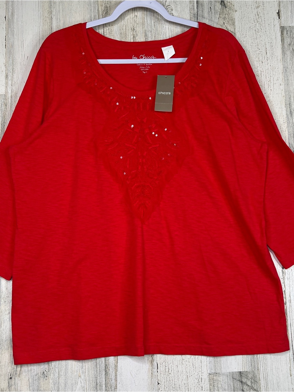 Chico's Red Scoop Neck Embellished Blouse